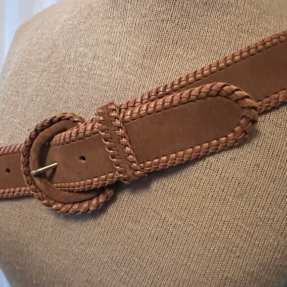 Vintage Lands End tan suede leather belt Western braided trim and buckle 90s Y2K - Picture 2 of 10